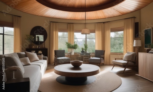 Living room with a circular ceiling and wooden furniture.
