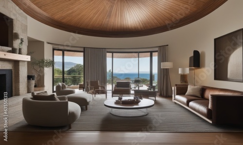 Living room with a circular ceiling and wooden furniture.