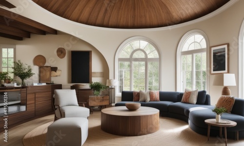 Living room with a circular ceiling and wooden furniture.