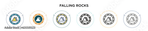 Falling rocks icon in filled, thin line, outline and stroke style. Vector illustration of two colored and black falling rocks vector icons designs can be used for mobile, ui, web