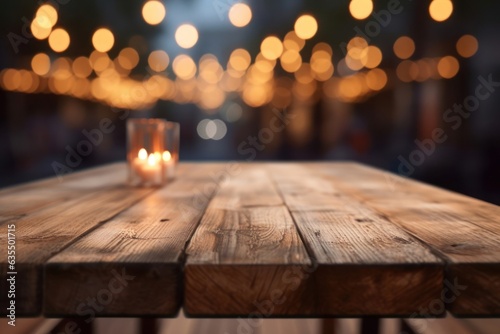 Wooden table with candle lantern on blurred evening lights abstract background