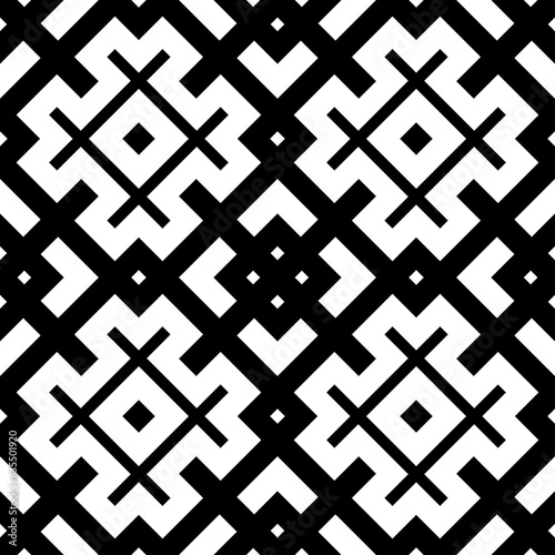 Repeated white figures and symbols on black background. Seamless surface pattern design with ethnic ornament. Embroidery wallpaper. Mosaic motif. Digital paper for page fills, web designing. Vector.