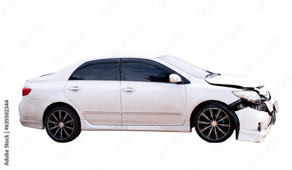 Front and side of white car get damaged by accident on the road. damaged cars after collision. isolated on transparent background, PNG file.