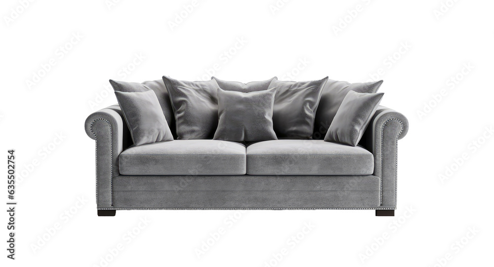 Obraz premium Modern grey sofa isolated on transparent background. PNG