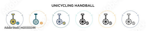 Unicycling handball icon in filled, thin line, outline and stroke style. Vector illustration of two colored and black unicycling handball vector icons designs can be used for mobile, ui, web