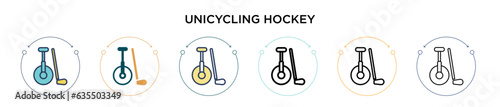 Unicycling hockey icon in filled, thin line, outline and stroke style. Vector illustration of two colored and black unicycling hockey vector icons designs can be used for mobile, ui, web