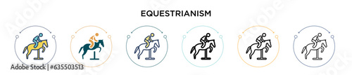 Equestrianism icon in filled, thin line, outline and stroke style. Vector illustration of two colored and black equestrianism vector icons designs can be used for mobile, ui, web