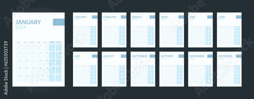 Vertical calendar 2024, set of 12 pages of calendar 2024.