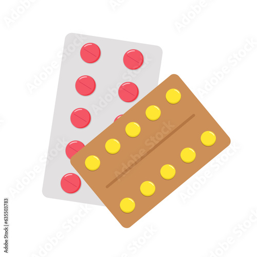 Packaging of medical drugs. Pharmaceutics. Tablets, antibiotics. Flat style. Isolated on white background.	
