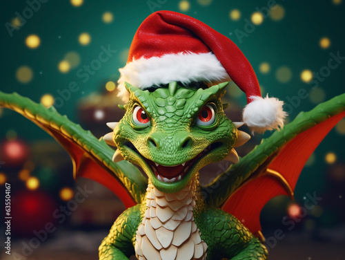 Scary green smiling oriental dragon with wings in a red Santa Claus hat on a New Year's background © Marina