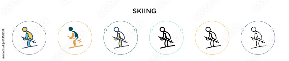 Skiing sign icon in filled, thin line, outline and stroke style. Vector illustration of two colored and black skiing sign vector icons designs can be used for mobile, ui, web