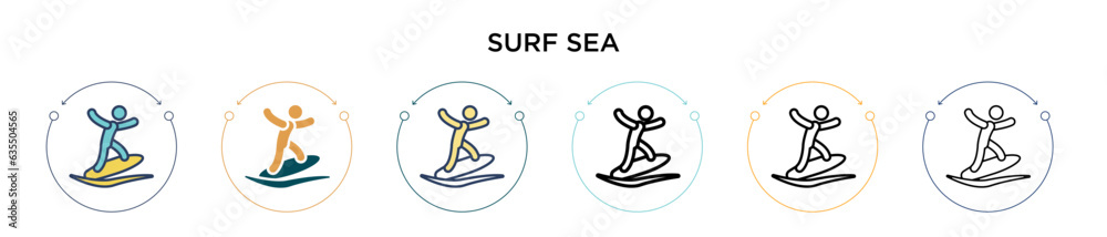 Surf sea icon in filled, thin line, outline and stroke style. Vector illustration of two colored and black surf sea vector icons designs can be used for mobile, ui, web