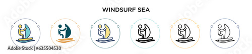 Windsurf sea icon in filled, thin line, outline and stroke style. Vector illustration of two colored and black windsurf sea vector icons designs can be used for mobile, ui, web