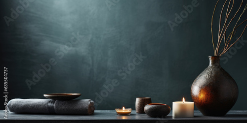Spa background with large space for text, Zen inspired luxury with dark colors