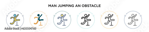 Man jumping an obstacle icon in filled, thin line, outline and stroke style. Vector illustration of two colored and black man jumping an obstacle vector icons designs can be used for mobile, ui, web