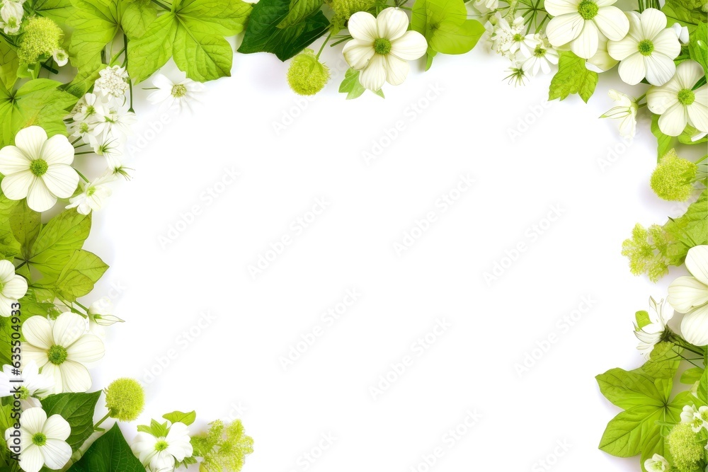 Floral border frame card template. green flowers, leaves, for banner, wedding card. Springtime composition with copy-space Floral border frame card template. green flowers, leaves, for banner, wedding card. Springtime composition with copy-space