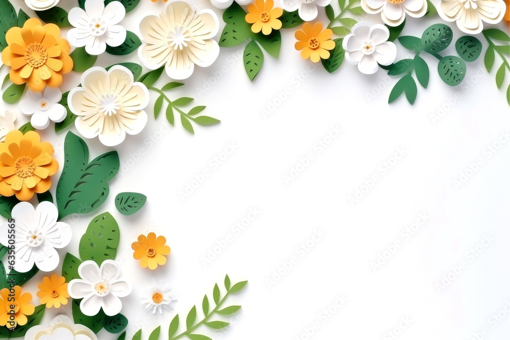 Obraz premium Floral border frame card template. green flowers, leaves, for banner, wedding card. Springtime composition with copy-space
