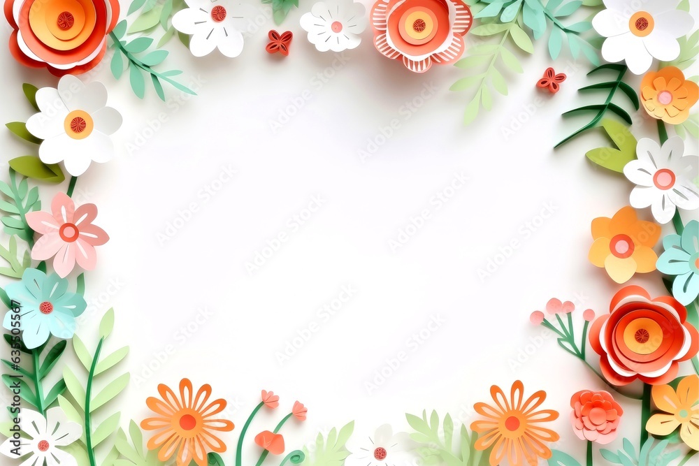 Floral border frame card template. green flowers, leaves, for banner, wedding card. Springtime composition with copy-space