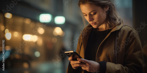 Elegant young woman holding a smartphone on the street trying to contact someone and looking for direction or help