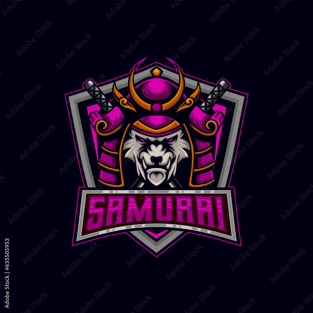 Fototapeta premium Tiger Samurai E-Sport Logo. Tiger Samurai With katana logo design vector illustration template