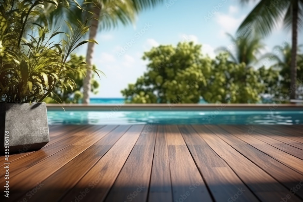 Fototapeta premium Empty wooden floor near the pool