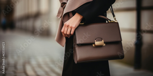 Close up of a young elegant woman with a brown luxury leather handbag standing on the streets of copenhagen photo