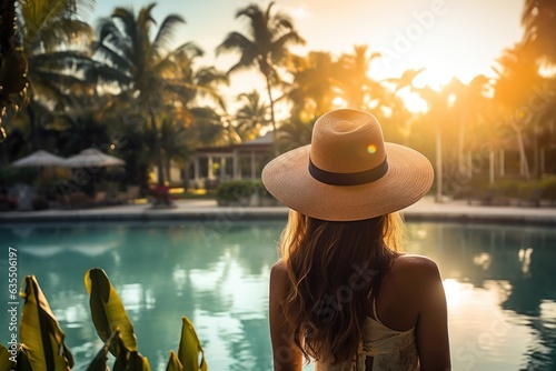 A woman wearing a hat looking at the water of a lagoon hotel and a swimming pool © ArtCookStudio
