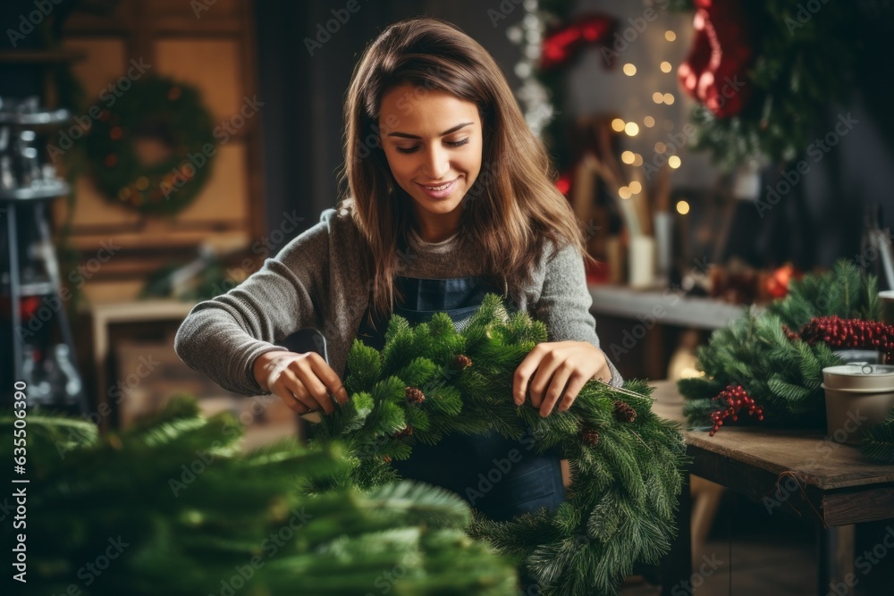 A woman makes a Christmas wreath at home on the eve of the holidays. Merry christmas and happy new year concept.