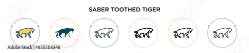 Saber toothed tiger icon in filled, thin line, outline and stroke style. Vector illustration of two colored and black saber toothed tiger vector icons designs can be used for mobile, ui, web