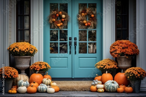 Front door with fall decor, pumpkins and autumnthemed decorations