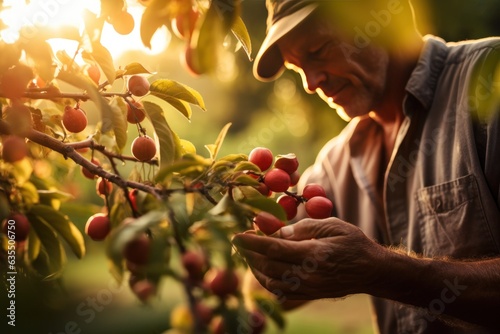 A man bring apples on an apple tree at sunrise
