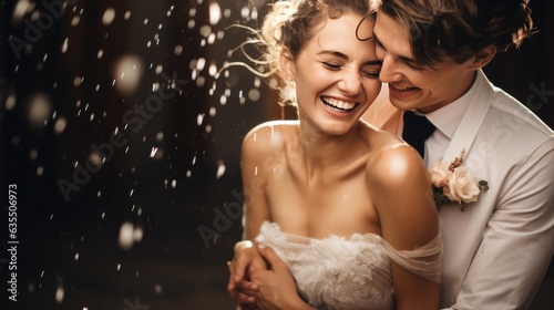 Brides and grooms smiling, with water drops thrown
