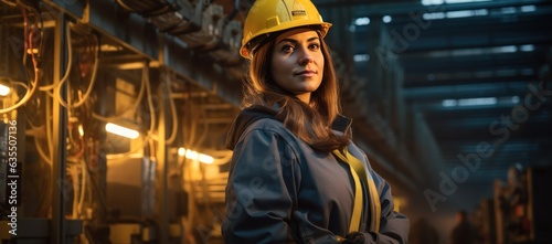 A woman wearing hard hat and protective jacket stands in the electric wires of a power station working.