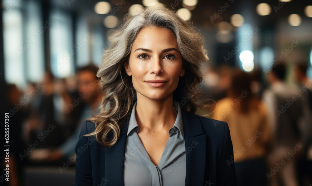 Mature Woman CEO Succeeds in Business: A mature woman CEO stands in front of her large corporation, looking proud and accomplished.