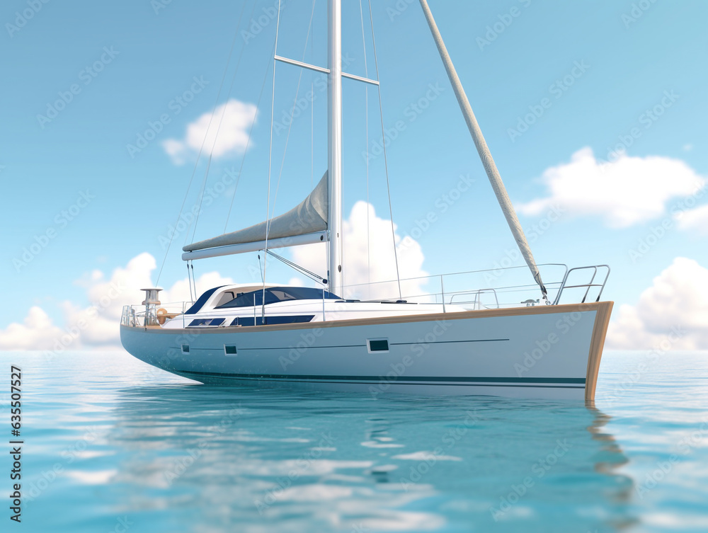 A modern yacht is anchored in the sea off the coast. The sails are lowered so that the ship does not move.