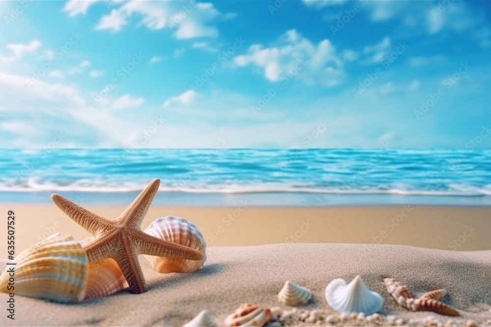 Beach with seashells and starfish and sky