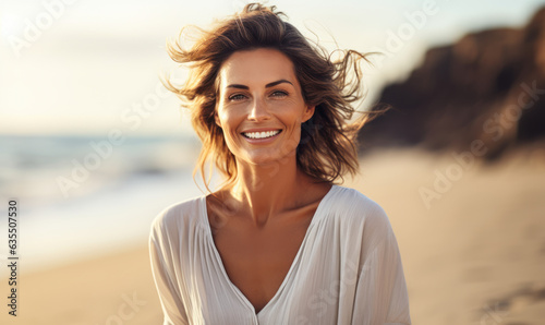 Beach Bliss: Smiling 40-Year-Old Woman Radiates Serenity