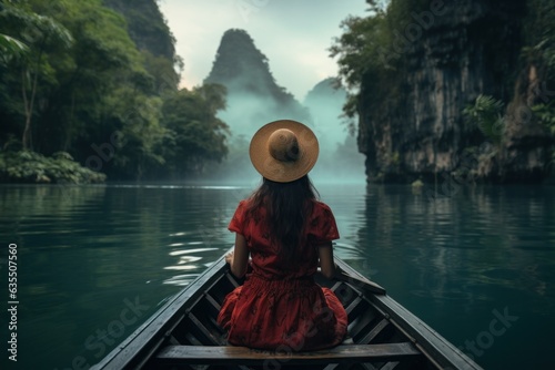A woman in a hat riding on a boat around some lush tropical islands. © ArtCookStudio