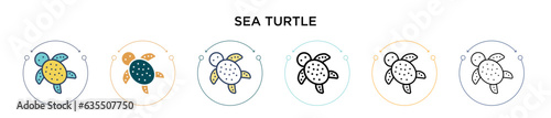 Sea turtle icon in filled, thin line, outline and stroke style. Vector illustration of two colored and black sea turtle vector icons designs can be used for mobile, ui, web