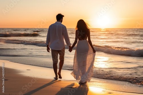 Couple dressed in white walking on the beach