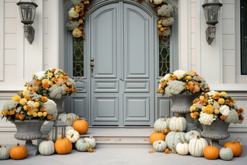 Front door with fall decor, pumpkins and autumnthemed decorations