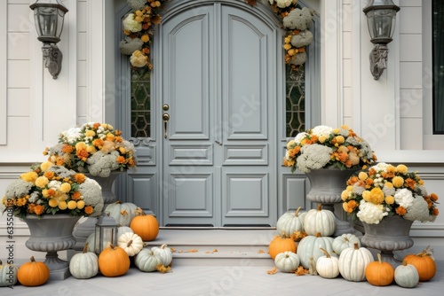 Valokuva Front door with fall decor, pumpkins and autumnthemed decorations