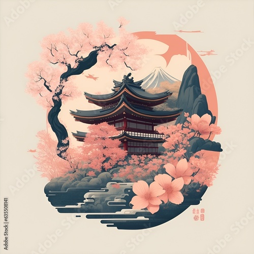 The image features a pink and red oriental landscape with a pagoda surrounded by blooming cherry blossom trees and a large pink flower in the foreground.