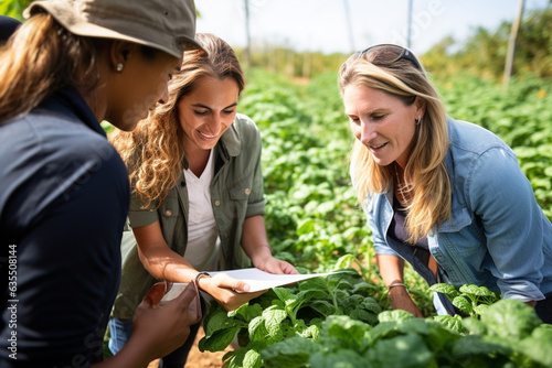 The professional image of a woman agronomist collaborating with fellow experts, a united effort to advance sustainable agricultural practices 