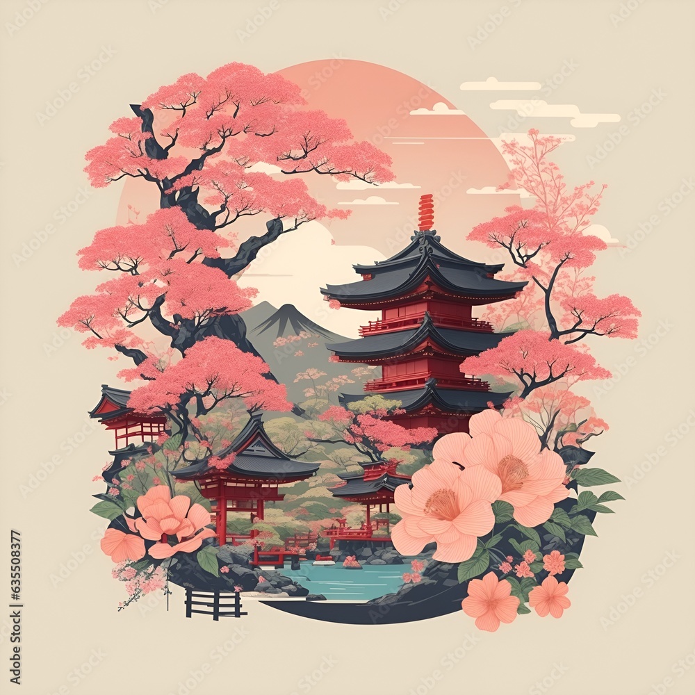 Fototapeta premium The image features a pink and red oriental landscape with a pagoda surrounded by blooming cherry blossom trees and a large pink flower in the foreground.