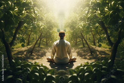 The serene image of a man agronomist meditatively observing a lush orchard, embodying a deep connection between man and nature 