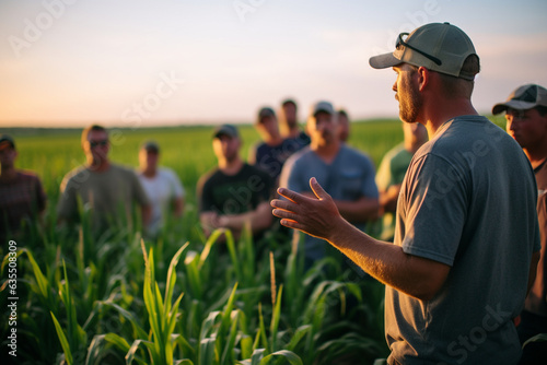 An inspiring portrayal of a man agronomist leading a workshop on sustainable farming practices, sharing wisdom with fellow agriculturists  photo