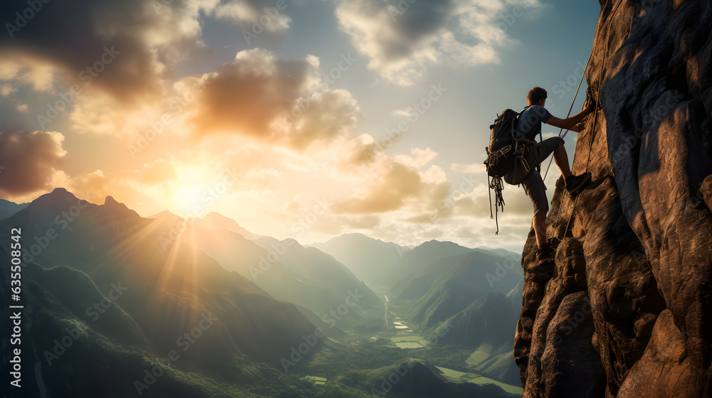 Rock climber ascending a challenging cliff on mountain with rugged terrain and scenic landscape at sunset Rock climber ascending a challenging cliff on mountain with rugged terrain and scenic landscape at sunset