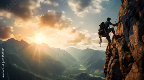 Rock climber ascending a challenging cliff on mountain with rugged terrain and scenic landscape at sunset