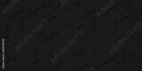 Background of abstract black hexagon background design a dark honeycomb grid pattern. Abstract octagons dark 3d background.Black geometric background for design. © MdLothfor